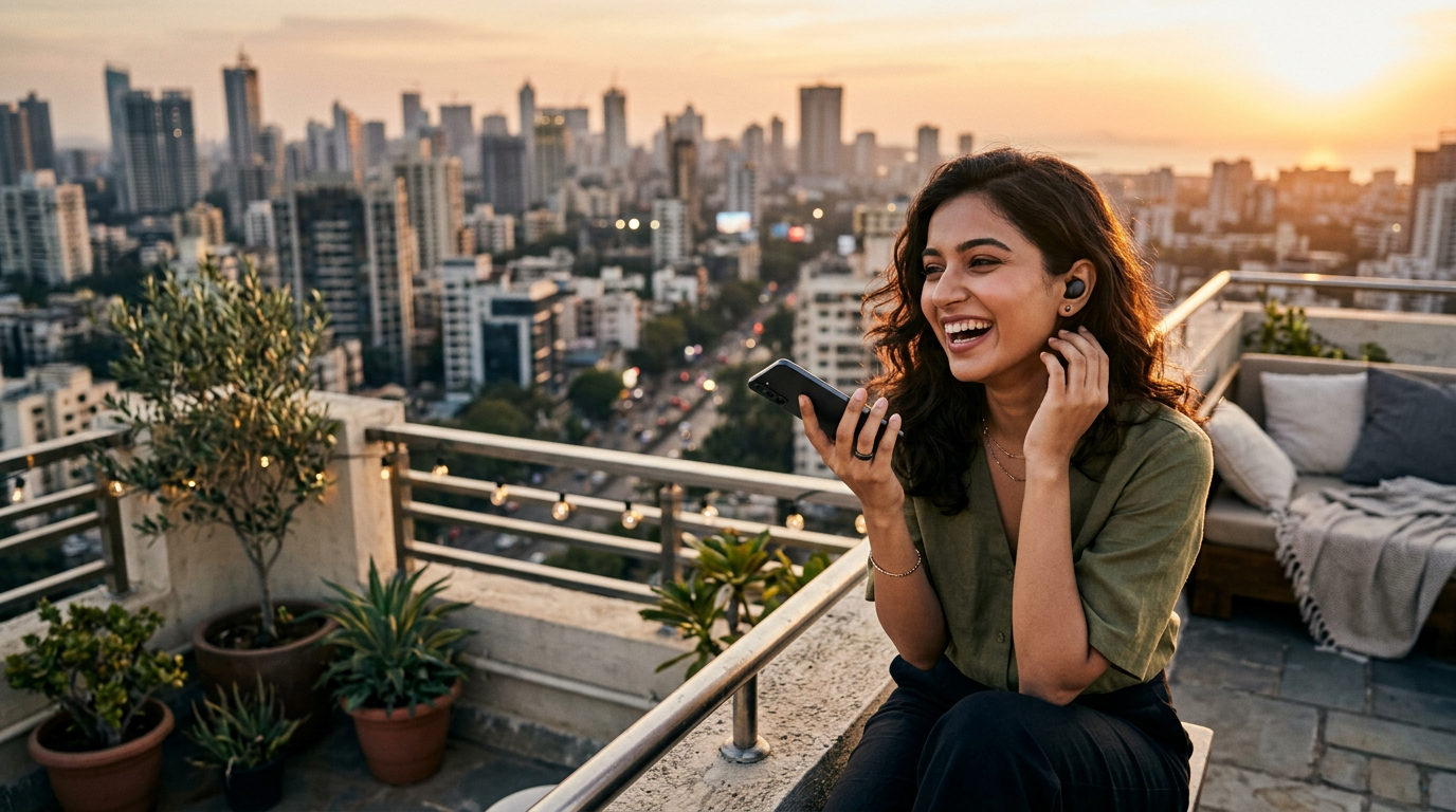 Woman smiling on a call on a rooftop in a big city