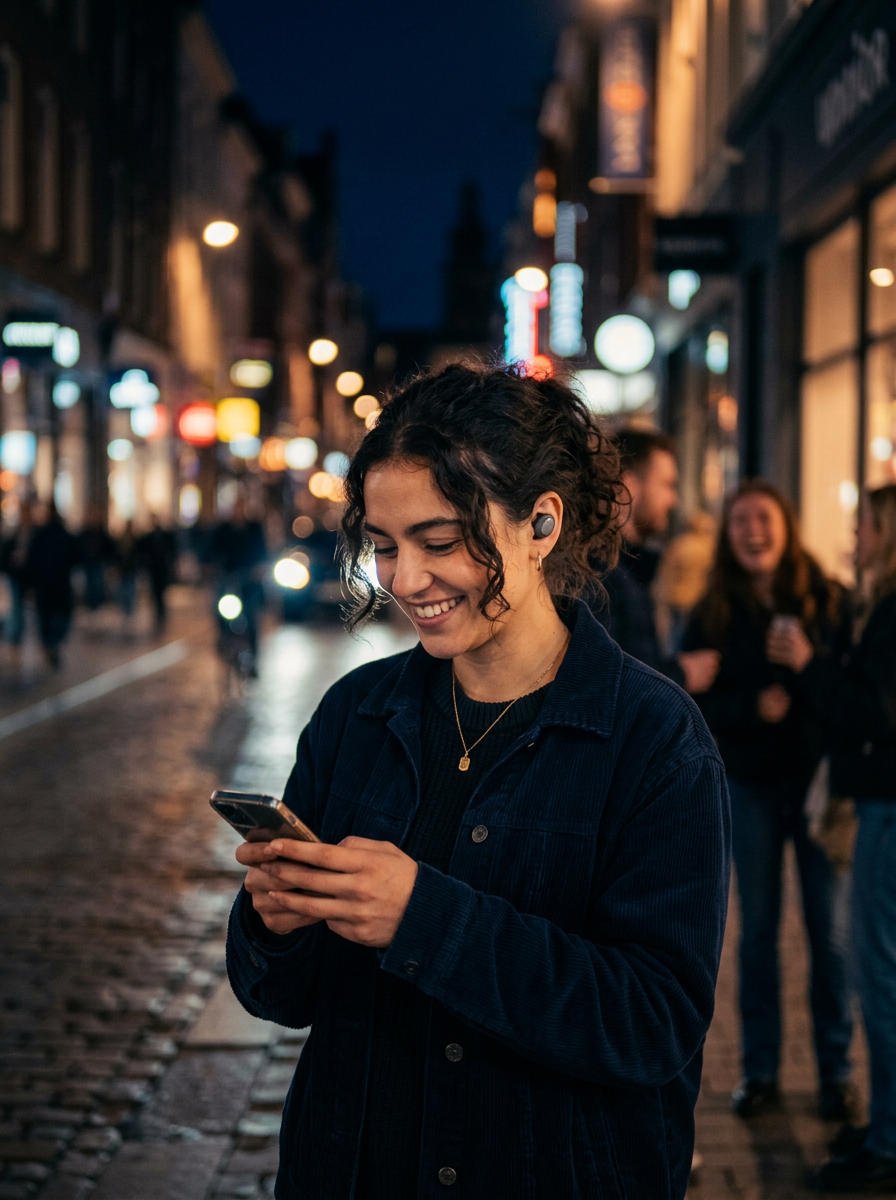 Woman smiling with friends on a city street at night