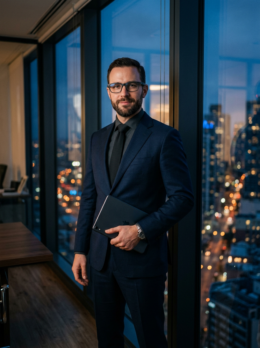 Professional in a modern office at sunset