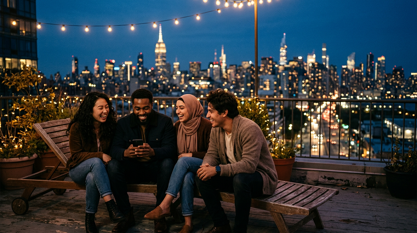 Friends gathered on a rooftop at sunset, laughing together